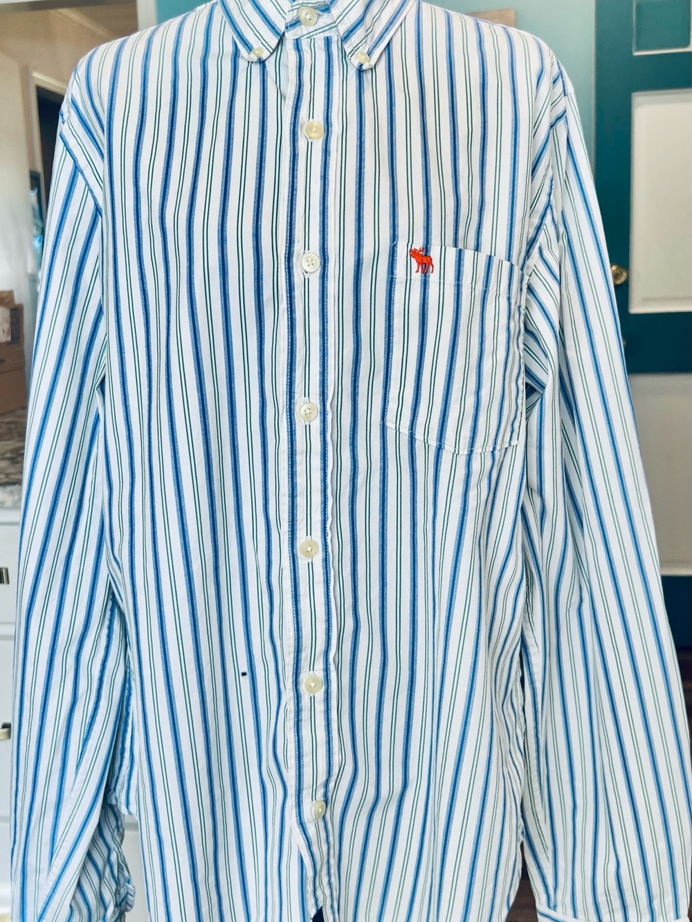 ABERCROMBIE & FITCH Blue and White Striped Button-Down Shirt. Long SleeveB15P82